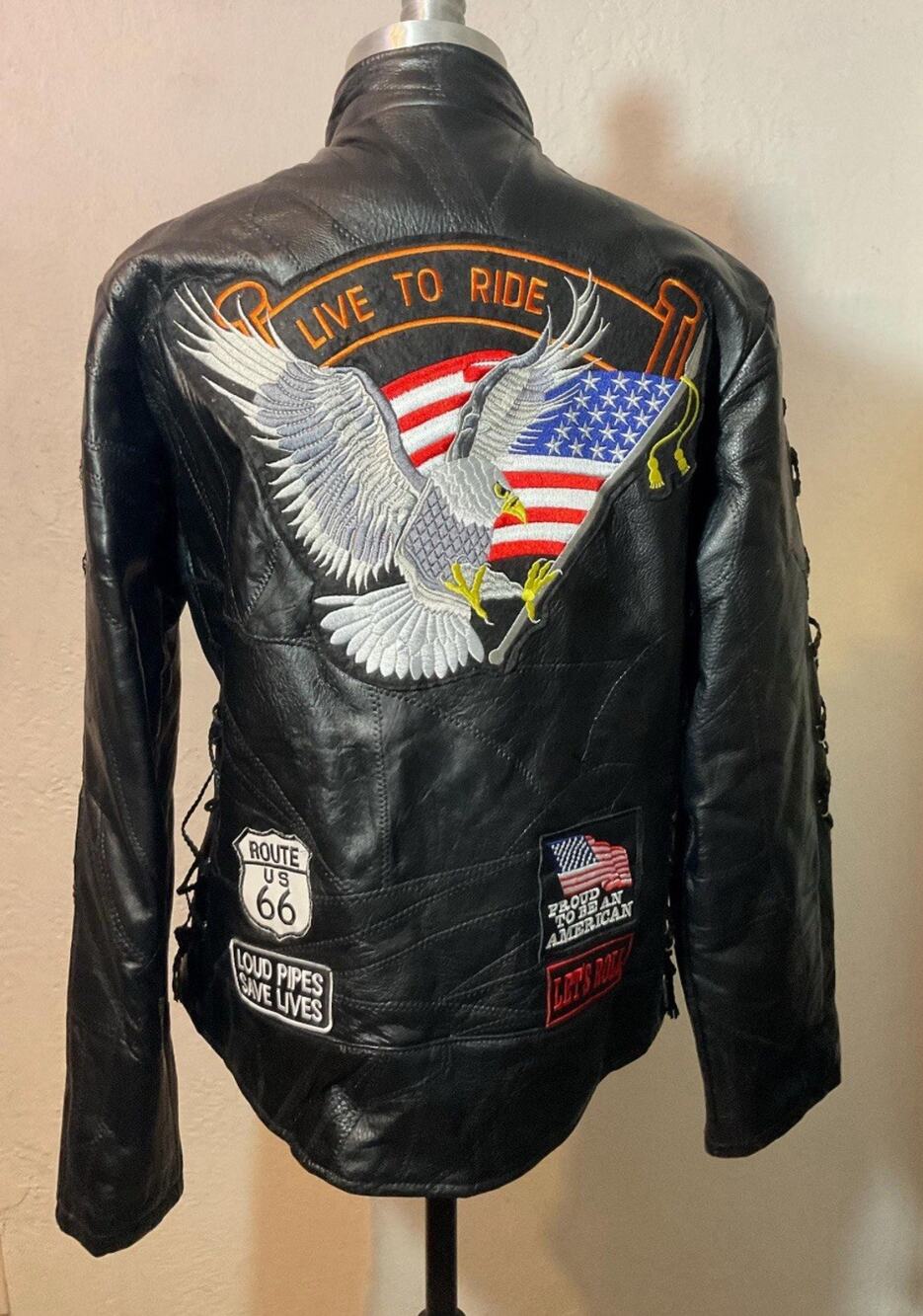 Diamond Plate Buffalo Leather Motorcycle Jacket 2X Eagle American Flag NWT